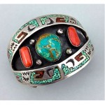 vintage tommy singer turquoise coral chip inlay sterling bracelet