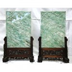 antique large pair chinese carved jade plaques on hardwood stands