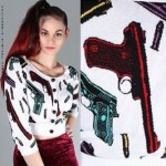 vintage betsey johnson gun and ammo print crop sweater top