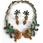 vintage mexican mid-century modernist copper brass enamel faces necklace and earrings