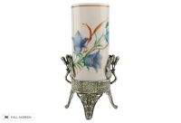 antique aesthetic movement handpainted glass vase in silverplate stand