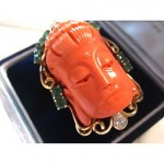 antique coral diamond emerald carved buddha ring