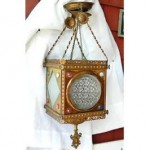 antique jeweled cabochon copper brass hanging pull down lamp