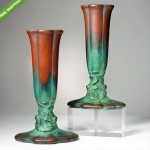 vintage pair 1920s clewell copper clad cowan pottery seahorse bud vases