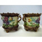 antique pair of 19th century barbotine majolica vases jardienieres