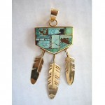 vintage 1980s ray tracey 14k inlaid turquoise feather pendant