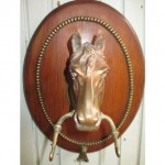 vintage horse head copper brass oak rack