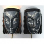 vintage pair 1930s art deco lady face mask wall sconces