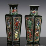 antique 19th century famille noire reticulated biscuit enamel vases