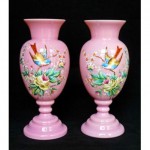 antique 1890s victorian pink opaline glass handpainted vases