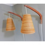 vintage pair mid-century teak swing lamps with original shades