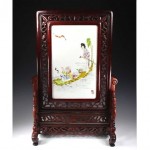 antique chinese handpainted porcelain plaque in wood frame
