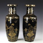 pair antique chinese black gilt vases