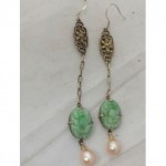 vintage art deco carved jade silver pearl drop earrings