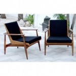 vintage midcentury lawrence peabody walnut and rattan lounge chairs