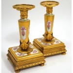 antique pair 19th century procelain bronze candlesticks