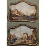 pair antique victorian venetian harbor oil paintings