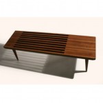 vintage 1950s mid-century walnut slat bench