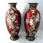 antique pair japanese cloisonne silver wire vases