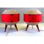 vintage pair teak fabric table lamps