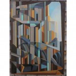 vintage 1940s constructivist geometric abstract cityscape oil painting