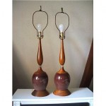 vintage pair midcentury pottery walnut lamps