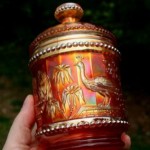 vintage northwood peacock carnival glass covered sugar jar