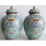 vintage pair chinese porcelain lidded jar vases