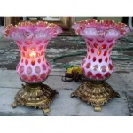 vintage pair fenton coin dot ruffled glass lamps