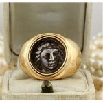 antique 1860s 14k greek roman medusa carved coin ring