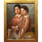 antique large 19th century oil portrait twins