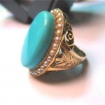 vintage italian seed pearl turquoise 14k ring