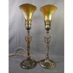 antique pair oscar bach aesthetic period lamps with steuben glass shades