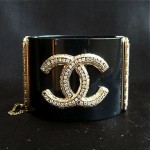 vintage chanel rhinestone logo cuff bracelet