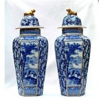 vintage pair 1900s hexagonal vases with foo dog finials