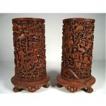 antique 18th century carved pierced bamboo brush pots