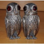 antique cast silver owl salt and pepper shakers