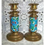 antique pair longwy brass and ceramic faience candlesticks