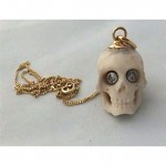 antique victorian 14k carved bone diamond eye skull pendant on chain