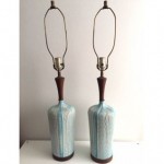 vintage pair danish teak ceramic lamps