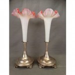 vintage pair victorian silver and art glass vases