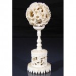 antique 19th century carved bone dragon puzzle ball and stand