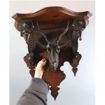 antique 19th century carved black forest walnut deer head clock shelf