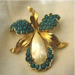 vintage trifari mother of pearl turquoise orchid pin